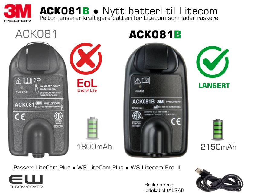 Peltor lanserer nytt kraftigere batteri til Litecom - ACK081B