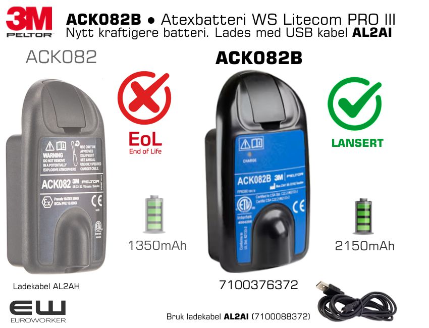 Peltor lanserer nytt kraftigere Atex batteri til WS Litecom PRO III Atex - ACK082B