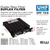 SPECIFICATIONS
Electrical
Model DPF 70/6...
Frequency 406 - 470 MHz
Insertion Loss Tx-Ant and Ant-Rx
Single-channel tuned < 1.2 dB (typ. 1.0 dB)
Multi-channel tuned, 2 MHz BW < 1.2 dB (typ. 1.0
dB)
Tx-Noise Suppression on Rx-
Frequency
Single-channel tuned > 85 dB
Multi-channel tuned, 2 MHz BW > 65 dB
Impedance 50 Ω
SWR < 1.5:1
Maximum Input Power 50 W
Rx-Isolation on Tx-Frequency Single-channel tuned > 85 dB
Multi-channel tuned, 2 MHz BW > 65 dB
Mechanical
Connection(s) N female, BNC(f), TNC(f), UHF(f), SMA(f) on request
Dimensions 226 x 154 x 33 mm / 8.9 x 6.0 x 1.3"
Weight 0.99 kg / 2.18 lb
Environmental
Operating Temperature Range -30°C to +60°C
Frequency Stability 4.5 ppm/° C (approx.)