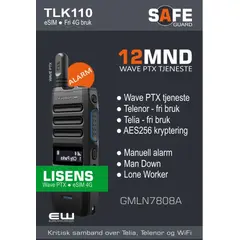 Motorola varekode: GMLN7808A
TLK110 abonnement
Type: Safeguard
12 mnd Wave PTX Tjeneste
Telenor dekning
Telia dekning
Alarm ManDown og LoneWorker
Ingen binding