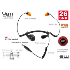 M11 Pro System Inear Neckmic PTT Headset (J11 Peltor, Tactical Headsets)(SNR26, IP68)