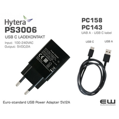 Hytera PS3006 USB C Power Adapter (EU Socket)
    PS3006 USB C LADEKONTAKT
    Output: 5VDC/2A
    Input: 100-240VAC
    PC158: Kabel USB A - USB C
