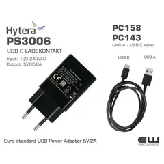 Hytera PS3006 USB C Power Adapter (EU Socket)
    PS3006 USB C LADEKONTAKT
    Output: 5VDC/2A
    Input: 100-240VAC
    PC158: Kabel USB A - USB C