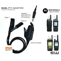 The DRI-TAC-PTT2 is an IP68 rated Tactical Push to Talk allowing connection of 2 radio systems. The internal amplifier is designed to accept headsets using either dynamic, or electret microphones. The product is compatible with Juma, and 3M Peltor headsets fitted with a 4-pole Nexus socket.
