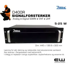 Zodiac D4000R er en brukervennlig repeater. Repeateren kan benyttes både i analog og digital modus. Den gjenkjenner det innkommende signalet og gjentar signalet automatisk. Time Division Multiple Access (TDMA)-teknologien tillater to (2 Time Slot Capability) brukerkanaler sammenlignet med den tradisjonelle FDMA (Frequency Division Multiple Access). Dette er den samme TDMA som Zodiac D-serien, Hytera, Motorola og andre store aktører. Repeateren støtter DMR TIER II og gjør den egnet for bruk med andre merker som bruker analog FM- eller DMR-modus. Den kan også settes opp i cross-band. 

 
Tekniske spesifikasjoner:
Frekvens: VHF 136-174 MHz. (leveres også i UHF)
Antall kanaler: 1
Spenning: 13.8V DC ±20%
Kanalavstand: 12.5/25kHz
Sendereffekt: 5-25 W.
Driftstemperatur: -30 til + 60°C.
Dimensjoner bxhxd: 440 x 136.6 x 322 mm.
Vekt: 10 kg. (inkl. duplex-filter)