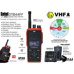 Entel DT844FF Marine VHF Atex IIB Fire Fighter (Programmert, inkl Batteri og Rapid Charger)