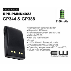 ● Kompatibelt uoriginalt batteri
● Kapasitet: 1100mAh 
● For Motorola GP344 and GP388 
● NON-IMPRES
● Belt clip not included
● Li-ion,
● 1100mAh with Panasonic cells. 
● Physical size: W55xH28xL123. 
● Operating temperature -20° C to +60°C. 
● Silver Plated Contacts.
