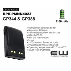 ● Kompatibelt uoriginalt batteri
● Kapasitet: 1100mAh 
● For Motorola GP344 and GP388 
● NON-IMPRES
● Belt clip not included
● Li-ion,
● 1100mAh with Panasonic cells. 
● Physical size: W55xH28xL123. 
● Operating temperature -20° C to +60°C. 
● Silver Plated Contacts.