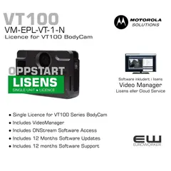 ● Single Licence for VT100 Series BodyCam
● Includes VideoManager
● Includes ONStream Software Access 
● Includes 12 Months Software Updates 
● Includes 12 months Software Support