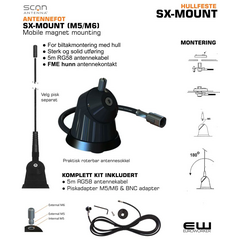 SX-MOUNT (M5/M6) 5m cable with FME-female and BNC adapter
Strong and reliable universal mount for roof, trunk and wing mounting. It can be mounted from the inside as well as from the outside. It accepts antenna whips with external M5 threaded stud or with internal M6 thread (by use of the supplied M5/M6 threaded adapter). Delivered with 5m cable + FME-female + BNC adapter.