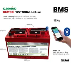 Batteri Sunwind Lithium 12V/100Ah 100A BMS - Varme og Bluetooth.
Batteriet har mange bruksområdet som blant annet back up radiokommunikasjon, båter, bobiler, hytter etc. 

Tekniske funksjoner: 
Batterikapasitet:100Ah
Batteriteknologi:Lithium
Bluetooth:Ja
Farge:Rød
IP-klasse:IP65
Dimensjon bxhxd: 175 x190 x 355mm.
Vekt:12,2kg
BMS (A):100A
Heat:Ja
Oppvarmingstid fra -15°C (min):45min
Varmeforbruk heat (A):7A
Temperaturområde varmefolie :-20? til +5?
Maks utladestrøm (A):100A
Maks ladestrøm (A):100A
Anbefalt ladestrøm max (A):65A
Anbefalt ladestrøm (V):14,4V
Celletype:Sylindrisk 26650
Seriekobling; Nei
Parallellkobling:Ja