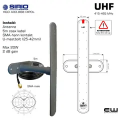 Baseantenne Sirio HGO 433-868 UHF dipol 400-470 MHz 5 meter kabel m/SMA. Integrert veggfeste