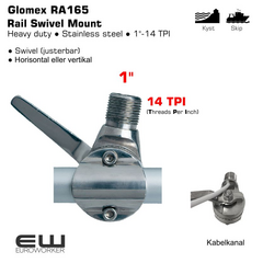 RAIL SWIVEL MOUNT IN STAINLESS STEEL – HORIZONTAL AND VERTICAL RAIL
Rail ratchet mount stainless steel electropolished, design with handle locking and hole for GPS. Easily installation on vertical or horizontal rails of 7/8” (22mm) and 1” (25mm). Usable with antennas no longer than 8’ (2,4 m) in self supporting mode. Standard thread 1”x14 .