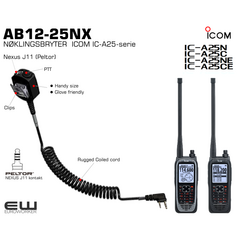 Nøklingsbryter for Icom radioer med Icom Marine rado kontakt
    Hanskevennlig PTT knapp
    J11 Peltor nexus inngang
    Krafitg spiralkabel med stor diam. - behagelig å arbeide med.
    Kraftig klips bakside for feste på antrekket
    Icom Airband radio IC-A25-serie