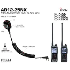 Nøklingsbryter for Icom radioer med Icom Marine rado kontakt
    Hanskevennlig PTT knapp
    J11 Peltor nexus inngang
    Krafitg spiralkabel med stor diam. - behagelig å arbeide med.
    Kraftig klips bakside for feste på antrekket
    Icom Airband radio IC-A25-serie