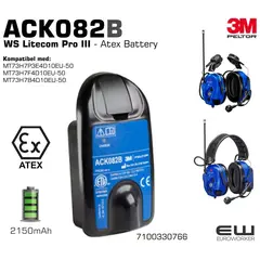 3M PELTOR ACK082B/1 Atex Rechargeable Li-Ion Battery Pack,