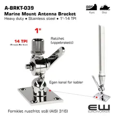 Poynting A-BRKT-039 er et robust marinefeste som skiller seg fra A-BRKT-038 ved at det er designet for flatmontering, i motsetning til rekkverkmontering. Festet er laget av høykvalitets 316-graders rustfritt stål, noe som sikrer maksimal beskyttelse mot korrosjon i tøffe marine omgivelser. I likhet med andre Poynting-fester, har også denne et standard 1" x 14 TPI gjenget feste for antennen, som gjør den kompatibel med et bredt spekter av marineantenner. Den har også en vippefunksjon ("tilt joint") som lar deg justere antennens vinkel.

Slik monteres det på båten

Denne braketten er designet for å festes direkte på en flat overflate, som et dekk, en baugspryd, en mast eller en vegg på hytta. Monteringen krever at du borer hull i overflaten for å feste braketten med M6 forsenkede skruer (countersunk screws). Du må sørge for at monteringsflaten er solid og egnet for å bære vekten og belastningen fra antennen. Vippefunksjonen gjør det enkelt å justere antennens vinkel etter montering for å sikre at den står helt loddrett og dermed fungerer optimalt.

Viktige tips for plassering og forstyrrelser

Plassering av antennen er like viktig for A-BRKT-039 som for alle andre marinefester. De samme grunnleggende prinsippene gjelder for å sikre best mulig signal og unngå forstyrrelser:

    Optimal plassering: Antennen bør plasseres så høyt og fritt som mulig for å maksimere rekkevidden og unngå hindringer som kan blokkere signalene, som for eksempel master eller annet utstyr.

    Avstand til andre antenner: For å unngå kommunikasjonsinterferens, bør du plassere antennen med en avstand på minst 0,5 meter fra andre antenner og store metallobjekter. Dette er spesielt viktig for å hindre forstyrrelser fra kraftige radiosignaler, som for eksempel fra VHF-radioer og radar.

    Forstyrrelser fra radar: Unngå å montere antennen direkte i radarens sendestråle. Radarer kan forstyrre andre elektroniske enheter, og antenner plassert i denne strålen kan få redusert ytelse.