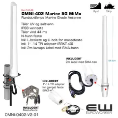 OMNI-402 Marine 5G MiMo
 
Poynting OMNI-402-5G MiMo-marineantenne

 

Poynting OMNI-402-5G er en høytytende, rundstrålende og framtidsrettet marineantenne spesielt designet for bruk på båter, yachter og andre fartøy. Med et imponerende ultra-bredt frekvensområde fra 410 til 4200 MHz, dekker den alle moderne 5G/4G/LTE-bånd over hele verden, inkludert 450 MHz LTE og de øvre 4.2 GHz 5G-båndene.

Antennen er utstyrt med MiMo-teknologi (Multiple-Input, Multiple-Output), som betyr at den har to separate antenneelementer i samme hus. Dette muliggjør parallell mottak og sending av data, noe som dramatisk forbedrer signalstabiliteten og maksimerer datahastighetene for din mobile bredbåndstilkobling. Den robuste konstruksjonen er beskyttet mot UV-stråler, saltvann og har en IP68-klassifisering, noe som garanterer pålitelig ytelse under de tøffeste værforhold.

Tekniske spesifikasjoner:

    Frekvensområde: 410–4200 MHz

    Forsterkning: Opptil 5.8 dBi

    Kabel: 2 stk. 2 meter HDF-195 lavtapskabel

    Kontakter: 2 x SMA-han

    Polarisering: Lineær vertikal

    Beskyttelsesgrad: IP68 (vann- og støvtett)

    Vindmotstand: Opptil 160 km/t

    Monteringsmål: Standard 1"-14TPI (marinefeste)

 
Anbefaling for montering på skip

 

For å oppnå optimal ytelse med din Poynting OMNI-402-5G-antenne, følg disse anbefalingene:

    Høy plassering: Monter antennen på det høyeste mulige punktet på fartøyet, som toppen av masten, hyttetaket eller radarbøylen. Jo høyere den er, desto bedre rekkevidde og siktlinje vil den ha til basestasjonene på land.

    Unngå hindringer: Siden antennen er rundstrålende (omnidireksjonell), er det viktig at den ikke er skjermet av store metallstrukturer, som radarbraketter, skorsteiner eller andre antenner. Plasser den minst 0.5 meter unna andre antenner og store metallobjekter for å minimere interferens.

    Bruk riktig feste: Antennen leveres med et standard 1"-14TPI marinefeste, men du vil trenge en passende brakett for å feste den til masten, rekka eller en annen overflate. Bruk et solid feste i rustfritt stål som tåler de påkjenningene et maritimt miljø gir.

    Kabelbeskyttelse: De to medfølgende kablene bør beskyttes. Sørg for at de ikke blir klemt, strukket eller utsatt for skarpe kanter. Bruk kabelklemmer for å feste kablene langs masten. Det er også en fordel å lage en "dryppløkke" under tilkoblingen for å hindre at vann renner langs kabelen og inn i kontakten.

    Forlengelse av kabel: Hvis 2 meter kabel ikke er tilstrekkelig, må du bruke en lavtapskabel og egnede skjøtekontakter. Vær oppmerksom på at ekstra kabellengde kan redusere signalstyrken, så hold forlengelsen så kort som mulig.

    Antennespesifikasjoner:
    Frekvensområde og forsterkning:
    410-470 MHz, 1.0 dBi maks.
    690-960 MHz, 2.1 dBi maks.
    1710-2700 MHz, 5.8 dBi maks.
    3400-4200 MHz, 5.8 dBi maks. 
    VSWR: < 3:1 over 90% av båndene

    Polarisering: Lineært vertikalt
    Utstråling: Rundstråle
    Impedans: 50 Ohm
    Kapslingsgrad: IP 68
    Vindgrense (Wind Survival): < 120 km/h
    Temperaturområde:  -40°C til +80°C
    Antennekabel: To stk. to meter HDF 195 lavtapskabel med SMA-hankontakt
    Tap i kabel: 0.35 dB/m ved 900 MHz, 0.53 dB/m ved 2000 MHz, 0.6 dB/m ved 2500 MHz, 0.72 dB/m ved 3500 MHz
    Farge: Hvit. Fargkode: Pantone P 179-1 C
    Materiale: Halogenfri ASA-plast

    Dimensjon antenne: 75 x 7.5 cm. (inkl. marine endestykke)
    Dimensjon produkteske: 70.4 x 14.7 x 10 cm.
    Vekt: 0.86 kg. Vekt inkl. produkteske: 1.76 kg.

     

    Montering til 1"x14TPI marine festesystemer, evt. på vegg eller på masterør med en diameter på maks. 5 cm.