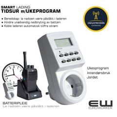Enkel innstilling: På i 4 timer én gang i uken

Før du begynner:

    Koble tidsuret til et strømuttak og la det stå i ca. 12 timer for å lade batteriet.

    Trykk på MASTER CLEAR-knappen med en spiss gjenstand (som en penn) for å slette alle tidligere innstillinger.

Slik stiller du inn klokken:

    Hold inne CLOCK-knappen.

    Mens du holder CLOCK, trykk på WEEK, HOUR og MINUTE til du har stilt inn riktig ukedag og klokkeslett.

    Slipp alle knappene.

Slik programmerer du:

    Trykk én gang på TIMER-knappen. Skjermen viser nå 1_ON.

    Trykk på WEEK-knappen til du ser ønsket dag, for eksempel Mo (mandag).

    Bruk HOUR og MINUTE-knappene for å stille inn klokkeslettet for når strømmen skal skrus PÅ. Sett for eksempel til 18:00.

    Trykk på TIMER-knappen igjen. Skjermen viser nå 1_OFF.

    Trykk på WEEK-knappen for å velge den samme dagen som i trinn 2 (f.eks. Mo).

    Bruk HOUR og MINUTE-knappene for å stille inn når strømmen skal skrus AV. Siden du vil ha 4 timer, setter du klokken til 22:00.

    Trykk på CLOCK-knappen for å gå ut av programmeringsmodus.

For å aktivere programmet:

    Trykk på MANUAL ON/AUTO/MANUAL OFF-knappen til skjermen viser AUTO.

Tidsuret vil nå automatisk skru på strømmen i 4 timer på den valgte ukedagen.