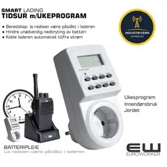 Enkel innstilling: På i 4 timer én gang i uken

Før du begynner:

    Koble tidsuret til et strømuttak og la det stå i ca. 12 timer for å lade batteriet.

    Trykk på MASTER CLEAR-knappen med en spiss gjenstand (som en penn) for å slette alle tidligere innstillinger.

Slik stiller du inn klokken:

    Hold inne CLOCK-knappen.

    Mens du holder CLOCK, trykk på WEEK, HOUR og MINUTE til du har stilt inn riktig ukedag og klokkeslett.

    Slipp alle knappene.

Slik programmerer du:

    Trykk én gang på TIMER-knappen. Skjermen viser nå 1_ON.

    Trykk på WEEK-knappen til du ser ønsket dag, for eksempel Mo (mandag).

    Bruk HOUR og MINUTE-knappene for å stille inn klokkeslettet for når strømmen skal skrus PÅ. Sett for eksempel til 18:00.

    Trykk på TIMER-knappen igjen. Skjermen viser nå 1_OFF.

    Trykk på WEEK-knappen for å velge den samme dagen som i trinn 2 (f.eks. Mo).

    Bruk HOUR og MINUTE-knappene for å stille inn når strømmen skal skrus AV. Siden du vil ha 4 timer, setter du klokken til 22:00.

    Trykk på CLOCK-knappen for å gå ut av programmeringsmodus.

For å aktivere programmet:

    Trykk på MANUAL ON/AUTO/MANUAL OFF-knappen til skjermen viser AUTO.

Tidsuret vil nå automatisk skru på strømmen i 4 timer på den valgte ukedagen.