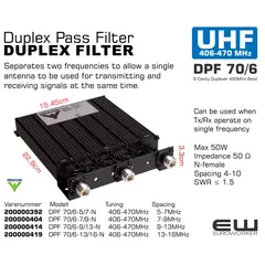 SPECIFICATIONS
Electrical
Model DPF 70/6...
Frequency 406 - 470 MHz
Insertion Loss Tx-Ant and Ant-Rx
Single-channel tuned < 1.2 dB (typ. 1.0 dB)
Multi-channel tuned, 2 MHz BW < 1.2 dB (typ. 1.0
dB)
Tx-Noise Suppression on Rx-
Frequency
Single-channel tuned > 85 dB
Multi-channel tuned, 2 MHz BW > 65 dB
Impedance 50 Ω
SWR < 1.5:1
Maximum Input Power 50 W
Rx-Isolation on Tx-Frequency Single-channel tuned > 85 dB
Multi-channel tuned, 2 MHz BW > 65 dB
Mechanical
Connection(s) N female, BNC(f), TNC(f), UHF(f), SMA(f) on request
Dimensions 226 x 154 x 33 mm / 8.9 x 6.0 x 1.3"
Weight 0.99 kg / 2.18 lb
Environmental
Operating Temperature Range -30°C to +60°C
Frequency Stability 4.5 ppm/° C (approx.)