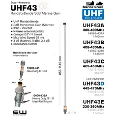 Scan Antenna UHF43-serie 3dB Gain Marine og Baseantenne 
EUROWORKER

● UHF Omni Directional 
● 3dB Horisontal Gain
● End-fed full 1/2 λ coaxial dipole 
● IP66 - Vanntett
● N-hunn antennekontakt
● Gjenget G1"-11 thread
● Max temp. -55C to +70C 
● Max Wind Speed 55 m/s 
● 3 dB (Marine), 0 dBd, 2.1 dBi
● Max 250 W
● Polarisation Vertical
● Vswr < 1.5
● Impedance 50ohm