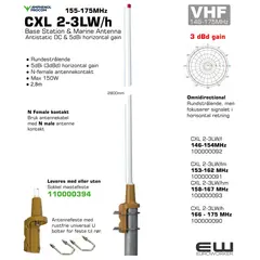 CXL 2-3LW/l 100000092 146 - 154 MHz
CXL 2-3LW/lm 100000091 153 - 162 MHz
CXL 2-3LW/hm 100000093 158 - 167 MHz
CXL 2-3LW/h 100000090 166 - 175 MHz