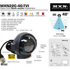 MXN22C-160	160°	0,5–3 m	Nærsone / HMS
MXN22C-130	130°	1–7 m	Oversikt / dekning
MXN22C-078	78°	3–15 m	Navigasjon / presisjon
MXN22C-040	40°	5–30 m	Operatør / løft
MXN22C-020	20°	15–60+ m	Inspeksjon / detalj