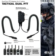 The DRI-TAC-PTT2 is an IP68 rated Tactical Push to Talk allowing connection of 2 radio systems. The internal amplifier is designed to accept headsets using either dynamic, or electret microphones. The product is compatible with Juma, and 3M Peltor headsets fitted with a 4-pole Nexus socket.