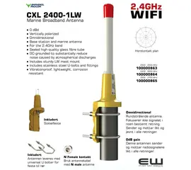 ● 0 dBd
● Vertically polarized
● Omnidirectional 
● Base station and marine antenna 
● For the 2,4GHz band
● Sealed high-quality glass fibre tube
● DC-grounded to substantially reduce 
   noise caused by atmospherical discharges
● Includes sturdy LW mast mount 
● Includes stainless steel U-bolts and fittings
● Vibrationproof, lightweight, corrosion 
  resistant