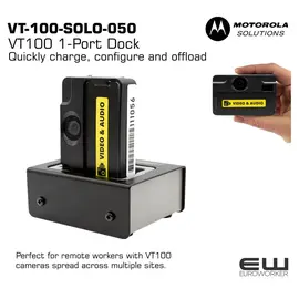 Charge, configure and offload a single VT100 body-worn camera. Quickly charge, configure and offload your VT100 body-worn camera. The 1-port dock is compact and lightweight, perfect for remote workers with a small number of VT100 cameras spread across multiple sites.