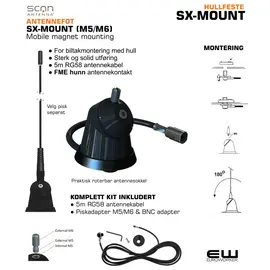 SX-MOUNT (M5/M6) 5m cable with FME-female and BNC adapter
Strong and reliable universal mount for roof, trunk and wing mounting. It can be mounted from the inside as well as from the outside. It accepts antenna whips with external M5 threaded stud or with internal M6 thread (by use of the supplied M5/M6 threaded adapter). Delivered with 5m cable + FME-female + BNC adapter.