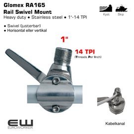 RAIL SWIVEL MOUNT IN STAINLESS STEEL – HORIZONTAL AND VERTICAL RAIL
Rail ratchet mount stainless steel electropolished, design with handle locking and hole for GPS. Easily installation on vertical or horizontal rails of 7/8” (22mm) and 1” (25mm). Usable with antennas no longer than 8’ (2,4 m) in self supporting mode. Standard thread 1”x14 .