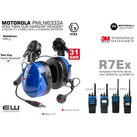 Kompatibilitet: R7Ex ATEX-serien, DP4401Ex og DP4801Ex, samt MPT8000-serien MOTOROLA PMLN6333A  ATEX TWIN CUP HARDHAT HEADSET (3M Peltor MT72H540P3E-50 )
