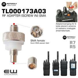 RF ADAPTER (SCREW IN)
TL000173A02 is no longer available. Will be replaced by TL000173A03 sometime this fall. Price is unfortunately unknown. RF Adaptor which adapts the portable radio’s antenna port to SMA for connection to external antenna.