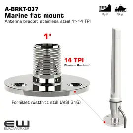 Poynting A-BRKT-037 er en robust, flat monteringsbrakett spesielt designet for maritime antenner. Den er laget av høykvalitets 316 marine-grad rustfritt stål, noe som sikrer eksepsjonell holdbarhet og korrosjonsbestandighet i tøffe saltvannsmiljøer. Braketten har en sirkulær form og er utstyrt med et gummipakning for å sikre en vanntett montering.

Nøkkelspesifikasjoner:

    Materiale: 316 rustfritt stål.

    Gjengestørrelse: Standard 1'' x 14 TPI (threads per inch), som er en vanlig standard for marineantenner.

    Montering: Flat montering (deck mount) på en horisontal overflate.

    Mål: Diameter på ca. 77 mm og en høyde på 37,5 mm.

    Monteringshull: M6-senkehull for skruer.

Hvordan den skal festes på en båt

Braketten er utformet for å monteres på en flat, horisontal overflate som for eksempel et dekk, en targabøyle, en mastetopp eller et overbygg.

    Velg monteringssted: Først må du bestemme deg for det ideelle stedet (se avsnittet om plassering nedenfor). Sørg for at overflaten er flat og solid nok til å bære vekten av antennen og tåle vindbelastning.

    Borre hull: Braketten har tre forborede M6-senkehull. Bruk disse som mal for å markere og bore hull i båtens overflate. Sørg for å bruke en passende borstørrelse.

    Påfør tetningsmasse: For å sikre en 100% vanntett installasjon, bør du påføre en marin tetningsmasse (som sikaflex eller lignende) rundt borehullene og på undersiden av braketten før du skrur den fast.

    Skru fast: Fest braketten med M6-skruer. Sørg for å stramme skruene godt for å skape en solid forbindelse, men unngå å stramme for hardt så du skader braketten eller overflaten.

    Monter antennen: Antennen kan deretter skrus direkte inn i brakettens 1'' x 14 TPI gjengede feste.

Hensyn til plassering og forstyrrelser

Plassering av en antenne på en båt er kritisk for optimal ytelse og for å unngå forstyrrelser fra annen elektronikk. Her er de viktigste hensynene:

    Høyde: Plasser antennen så høyt som mulig for å maksimere rekkevidden og sikre fri sikt til omgivelsene. På en seilbåt er mastetoppen ofte det beste stedet, mens på en motorbåt kan en targabøyle eller mast være ideelt.

    Fri sikt: Antennen må ha en så fri og uhindret siktlinje som mulig mot horisonten i alle retninger. Unngå å plassere den bak master, store metallgjenstander, radarantenner eller store overbygg som kan blokkere signalene.

    Avstand til andre antenner: Antenner kan forstyrre hverandre, spesielt hvis de sender og mottar på nærliggende frekvensbånd (f.eks. VHF, AIS, GPS, Wi-Fi og mobilnett). Plasser Poynting-antennen så langt unna andre antenner som mulig, gjerne med minst én meters avstand, for å minimere risikoen for signalforstyrrelser. For sendende antenner, som VHF eller radar, er det spesielt viktig å unngå at deres signaler treffer din antenne. En god tommelfingerregel er å montere bredbånds- og GPS-antenner under og bak sendende antenner.

    Avstand til elektrisk utstyr: Hold antennen unna motorer, kabler og annet elektrisk utstyr som kan generere elektromagnetisk støy (EMI). Dette kan inkludere LED-lys, invertere eller dårlig avskjermet elektronikk.

    Ruting av kabel: Antennekabelen skal ha minst mulig forstyrrelser og helst føres unna strømkabler. Unngå skarpe bøyninger og sørg for at kabelen er sikret for å forhindre skade fra bevegelse eller vind.