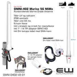 OMNI-402 Marine 5G MiMo
 
Poynting OMNI-402-5G MiMo-marineantenne

 

Poynting OMNI-402-5G er en høytytende, rundstrålende og framtidsrettet marineantenne spesielt designet for bruk på båter, yachter og andre fartøy. Med et imponerende ultra-bredt frekvensområde fra 410 til 4200 MHz, dekker den alle moderne 5G/4G/LTE-bånd over hele verden, inkludert 450 MHz LTE og de øvre 4.2 GHz 5G-båndene.

Antennen er utstyrt med MiMo-teknologi (Multiple-Input, Multiple-Output), som betyr at den har to separate antenneelementer i samme hus. Dette muliggjør parallell mottak og sending av data, noe som dramatisk forbedrer signalstabiliteten og maksimerer datahastighetene for din mobile bredbåndstilkobling. Den robuste konstruksjonen er beskyttet mot UV-stråler, saltvann og har en IP68-klassifisering, noe som garanterer pålitelig ytelse under de tøffeste værforhold.

Tekniske spesifikasjoner:

    Frekvensområde: 410–4200 MHz

    Forsterkning: Opptil 5.8 dBi

    Kabel: 2 stk. 2 meter HDF-195 lavtapskabel

    Kontakter: 2 x SMA-han

    Polarisering: Lineær vertikal

    Beskyttelsesgrad: IP68 (vann- og støvtett)

    Vindmotstand: Opptil 160 km/t

    Monteringsmål: Standard 1"-14TPI (marinefeste)

 
Anbefaling for montering på skip

 

For å oppnå optimal ytelse med din Poynting OMNI-402-5G-antenne, følg disse anbefalingene:

    Høy plassering: Monter antennen på det høyeste mulige punktet på fartøyet, som toppen av masten, hyttetaket eller radarbøylen. Jo høyere den er, desto bedre rekkevidde og siktlinje vil den ha til basestasjonene på land.

    Unngå hindringer: Siden antennen er rundstrålende (omnidireksjonell), er det viktig at den ikke er skjermet av store metallstrukturer, som radarbraketter, skorsteiner eller andre antenner. Plasser den minst 0.5 meter unna andre antenner og store metallobjekter for å minimere interferens.

    Bruk riktig feste: Antennen leveres med et standard 1"-14TPI marinefeste, men du vil trenge en passende brakett for å feste den til masten, rekka eller en annen overflate. Bruk et solid feste i rustfritt stål som tåler de påkjenningene et maritimt miljø gir.

    Kabelbeskyttelse: De to medfølgende kablene bør beskyttes. Sørg for at de ikke blir klemt, strukket eller utsatt for skarpe kanter. Bruk kabelklemmer for å feste kablene langs masten. Det er også en fordel å lage en "dryppløkke" under tilkoblingen for å hindre at vann renner langs kabelen og inn i kontakten.

    Forlengelse av kabel: Hvis 2 meter kabel ikke er tilstrekkelig, må du bruke en lavtapskabel og egnede skjøtekontakter. Vær oppmerksom på at ekstra kabellengde kan redusere signalstyrken, så hold forlengelsen så kort som mulig.

    Antennespesifikasjoner:
    Frekvensområde og forsterkning:
    410-470 MHz, 1.0 dBi maks.
    690-960 MHz, 2.1 dBi maks.
    1710-2700 MHz, 5.8 dBi maks.
    3400-4200 MHz, 5.8 dBi maks. 
    VSWR: < 3:1 over 90% av båndene

    Polarisering: Lineært vertikalt
    Utstråling: Rundstråle
    Impedans: 50 Ohm
    Kapslingsgrad: IP 68
    Vindgrense (Wind Survival): < 120 km/h
    Temperaturområde:  -40°C til +80°C
    Antennekabel: To stk. to meter HDF 195 lavtapskabel med SMA-hankontakt
    Tap i kabel: 0.35 dB/m ved 900 MHz, 0.53 dB/m ved 2000 MHz, 0.6 dB/m ved 2500 MHz, 0.72 dB/m ved 3500 MHz
    Farge: Hvit. Fargkode: Pantone P 179-1 C
    Materiale: Halogenfri ASA-plast

    Dimensjon antenne: 75 x 7.5 cm. (inkl. marine endestykke)
    Dimensjon produkteske: 70.4 x 14.7 x 10 cm.
    Vekt: 0.86 kg. Vekt inkl. produkteske: 1.76 kg.

     

    Montering til 1"x14TPI marine festesystemer, evt. på vegg eller på masterør med en diameter på maks. 5 cm.