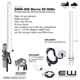 OMNI-402 Marine 5G MiMo
 
Poynting OMNI-402-5G MiMo-marineantenne

 

Poynting OMNI-402-5G er en høytytende, rundstrålende og framtidsrettet marineantenne spesielt designet for bruk på båter, yachter og andre fartøy. Med et imponerende ultra-bredt frekvensområde fra 410 til 4200 MHz, dekker den alle moderne 5G/4G/LTE-bånd over hele verden, inkludert 450 MHz LTE og de øvre 4.2 GHz 5G-båndene.

Antennen er utstyrt med MiMo-teknologi (Multiple-Input, Multiple-Output), som betyr at den har to separate antenneelementer i samme hus. Dette muliggjør parallell mottak og sending av data, noe som dramatisk forbedrer signalstabiliteten og maksimerer datahastighetene for din mobile bredbåndstilkobling. Den robuste konstruksjonen er beskyttet mot UV-stråler, saltvann og har en IP68-klassifisering, noe som garanterer pålitelig ytelse under de tøffeste værforhold.

Tekniske spesifikasjoner:

    Frekvensområde: 410–4200 MHz

    Forsterkning: Opptil 5.8 dBi

    Kabel: 2 stk. 2 meter HDF-195 lavtapskabel

    Kontakter: 2 x SMA-han

    Polarisering: Lineær vertikal

    Beskyttelsesgrad: IP68 (vann- og støvtett)

    Vindmotstand: Opptil 160 km/t

    Monteringsmål: Standard 1"-14TPI (marinefeste)

 
Anbefaling for montering på skip

 

For å oppnå optimal ytelse med din Poynting OMNI-402-5G-antenne, følg disse anbefalingene:

    Høy plassering: Monter antennen på det høyeste mulige punktet på fartøyet, som toppen av masten, hyttetaket eller radarbøylen. Jo høyere den er, desto bedre rekkevidde og siktlinje vil den ha til basestasjonene på land.

    Unngå hindringer: Siden antennen er rundstrålende (omnidireksjonell), er det viktig at den ikke er skjermet av store metallstrukturer, som radarbraketter, skorsteiner eller andre antenner. Plasser den minst 0.5 meter unna andre antenner og store metallobjekter for å minimere interferens.

    Bruk riktig feste: Antennen leveres med et standard 1"-14TPI marinefeste, men du vil trenge en passende brakett for å feste den til masten, rekka eller en annen overflate. Bruk et solid feste i rustfritt stål som tåler de påkjenningene et maritimt miljø gir.

    Kabelbeskyttelse: De to medfølgende kablene bør beskyttes. Sørg for at de ikke blir klemt, strukket eller utsatt for skarpe kanter. Bruk kabelklemmer for å feste kablene langs masten. Det er også en fordel å lage en "dryppløkke" under tilkoblingen for å hindre at vann renner langs kabelen og inn i kontakten.

    Forlengelse av kabel: Hvis 2 meter kabel ikke er tilstrekkelig, må du bruke en lavtapskabel og egnede skjøtekontakter. Vær oppmerksom på at ekstra kabellengde kan redusere signalstyrken, så hold forlengelsen så kort som mulig.

    Antennespesifikasjoner:
    Frekvensområde og forsterkning:
    410-470 MHz, 1.0 dBi maks.
    690-960 MHz, 2.1 dBi maks.
    1710-2700 MHz, 5.8 dBi maks.
    3400-4200 MHz, 5.8 dBi maks. 
    VSWR: < 3:1 over 90% av båndene

    Polarisering: Lineært vertikalt
    Utstråling: Rundstråle
    Impedans: 50 Ohm
    Kapslingsgrad: IP 68
    Vindgrense (Wind Survival): < 120 km/h
    Temperaturområde:  -40°C til +80°C
    Antennekabel: To stk. to meter HDF 195 lavtapskabel med SMA-hankontakt
    Tap i kabel: 0.35 dB/m ved 900 MHz, 0.53 dB/m ved 2000 MHz, 0.6 dB/m ved 2500 MHz, 0.72 dB/m ved 3500 MHz
    Farge: Hvit. Fargkode: Pantone P 179-1 C
    Materiale: Halogenfri ASA-plast

    Dimensjon antenne: 75 x 7.5 cm. (inkl. marine endestykke)
    Dimensjon produkteske: 70.4 x 14.7 x 10 cm.
    Vekt: 0.86 kg. Vekt inkl. produkteske: 1.76 kg.

     

    Montering til 1"x14TPI marine festesystemer, evt. på vegg eller på masterør med en diameter på maks. 5 cm.
