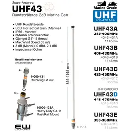 Scan Antenna UHF43-serie 3dB Gain Marine og Baseantenne 
EUROWORKER

● UHF Omni Directional 
● 3dB Horisontal Gain
● End-fed full 1/2 λ coaxial dipole 
● IP66 - Vanntett
● N-hunn antennekontakt
● Gjenget G1"-11 thread
● Max temp. -55C to +70C 
● Max Wind Speed 55 m/s 
● 3 dB (Marine), 0 dBd, 2.1 dBi
● Max 250 W
● Polarisation Vertical
● Vswr < 1.5
● Impedance 50ohm