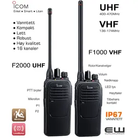 ICOM RADIOTERMINAL IC-F2000 og IC-F1000. F2000   - UHF (400-470MHz)
F1000   - VHF (136-174MH)
F2000S - Display, 4 funksjonstaster, 128 kanaler, UHF (400-470MHz)
F1000S - Display, 4 funksjonstaster, 128 kanaler, VHF (136-174MH)
F2000T - Display, Fullt tastatur, 128 kanaler UHF (400-470MHz)
F1000T - Display, Fullt tastatur, 128 kanaler VHF (13