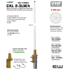 CXL 2-3LW/l 100000092 146 - 154 MHz
CXL 2-3LW/lm 100000091 153 - 162 MHz
CXL 2-3LW/hm 100000093 158 - 167 MHz
CXL 2-3LW/h 100000090 166 - 175 MHz