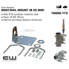 Scan Antenna 10000-173 er et svært robust og allsidig feste designet for å installere marineantenner på vertikale master, horisontale rekkverk eller vegger. Dette festet er ideelt for et bredt spekter av antenner, inkludert VHF-, FM/AM- og AIS-antenner, og er konstruert for å tåle tøffe maritime forhold.

Nøkkelfunksjoner:

    Materiale: Laget av polert, syrefast rustfritt stål (AISI-316) som gir utmerket korrosjonsmotstand i saltvannsmiljøer.

    Universal passform: Passer til rør og master med en diameter fra 38 mm til 75 mm.

    Kompatibilitet: Designet for å passe til alle standard marineantenner med 1"-14NF utvendige gjenger.

    Fleksibel montering: Kan monteres på vertikale og horisontale overflater, samt direkte på en vegg.

    Robust konstruksjon: Leveres med U-bolter og alt nødvendig festemateriell i rustfritt stål for en sikker og stabil installasjon. Vekten på festet, inkludert monteringsutstyr, er ca. 600 gram.

 
Monteringsveiledning

 

Følg disse enkle trinnene for å montere festet på en mast eller et rekkverk:

    Velg monteringssted: Finn et egnet sted på masten, røret eller rekkverket der festet ikke hindrer andre funksjoner eller utstyr. Plasseringen bør være solid og gi en god, uhindret utsikt for antennen.

    Fest U-boltene: Plasser festet på ønsket sted på masten eller røret. Før de medfølgende U-boltene rundt røret og gjennom hullene i festet.

    Stram til: Skru mutrene på U-boltene. Stram dem jevnt og gradvis for å sikre at festet sitter rett og er godt festet. Unngå å stramme for hardt, da det kan skade røret.

    Monter antennen: Skru antennen direkte inn i den utvendige gjengen på festet. Sørg for at den sitter godt fast og er i lodd for best mulig ytelse.

    Kabel: Trekk antennekabelen på en sikker måte, slik at den ikke blir klemt eller skadet under bruk. Pass på å lage en dryppløkke for å hindre at vann renner langs kabelen og inn i tilkoblingen.