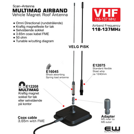 AIRBAND Vehicle Magnet Antenna with 3,65m coax FME 118-137MHz