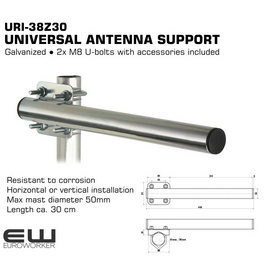 UNIVERSAL ANTENNA SUPPORT (Max Ø 50mm)     Galvanized
    2x M8 U-bolts with accessories included
    Resistant to corrosion
    Horizontal or vertical installation
    Max mast diameter 50mm
    Length ca. 30 cm