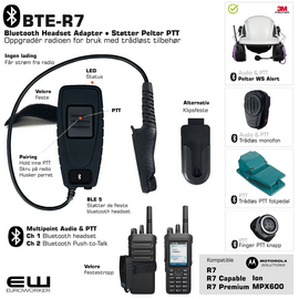 BTE-R7 - Bluetooth Headset & PTT Adapter for Motorola R7-serie (Støtter Peltor PTT protokoll)