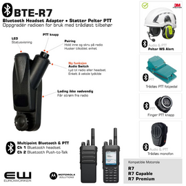 BTE-R7 - Bluetooth Headset & PTT Adapter for Motorola R7-serie (Støtter Peltor PTT protokoll)