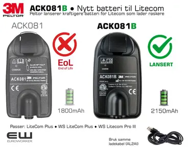 Peltor lanserer nytt kraftigere batteri til Litecom - ACK081B