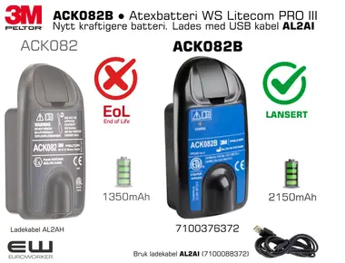 Peltor lanserer nytt kraftigere Atex batteri til WS Litecom PRO III Atex - ACK082B