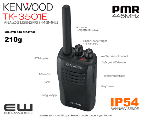 Kenwood TK-3501E PMR (446MHz) Lisensfri Analog Radio (0,5W)