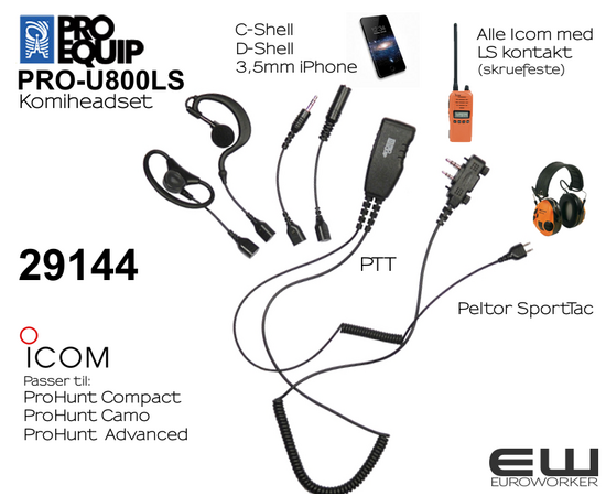Proequip PRO-U800LS Komiheadset for Icom, iPhone, SportTac mfl (LS-kontakt)(29144)